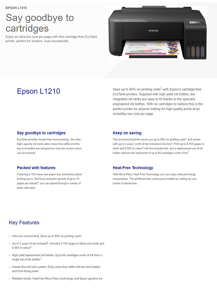 Epson L1210 | 180 Nozzles Black, 59 Nozzles per Color | Dye Ink, 003 | 5,760 x 1,440 DPI | USB 2.0