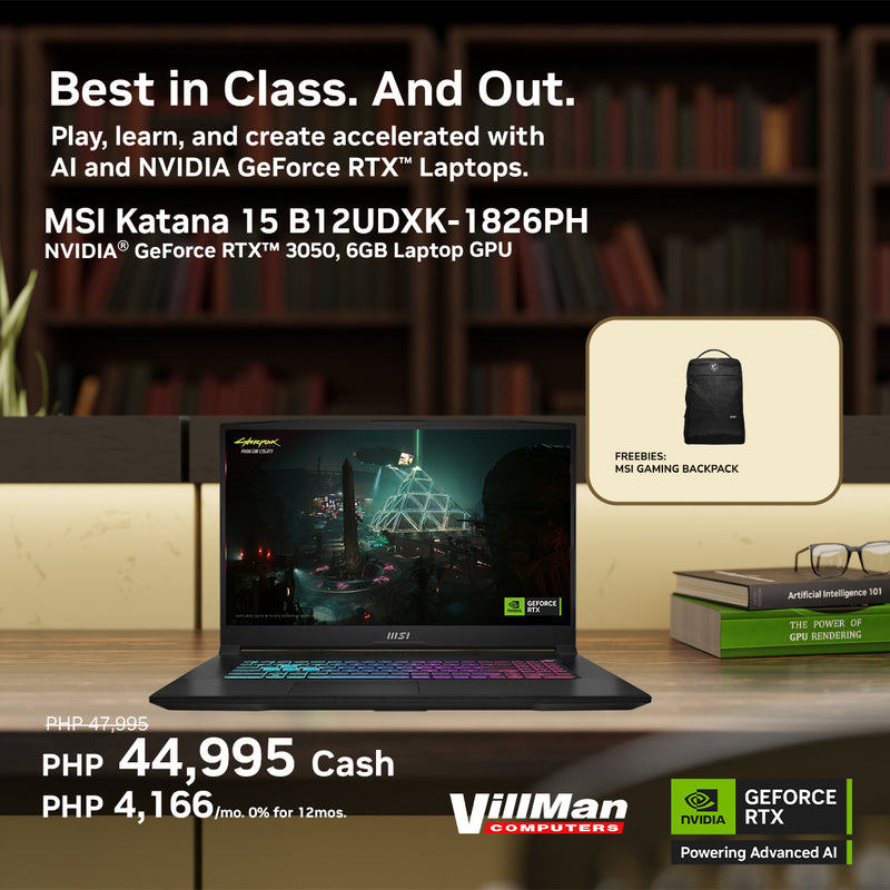 MSI GAMING Katana 15 B12UDXK-1826PH | 15.6inch FHD IPS | Intel Core i5 12450H | 8GB RAM | 512GB SSD | NVIDIA GeForce RTX 3050 6GB | Windows 11 SEA