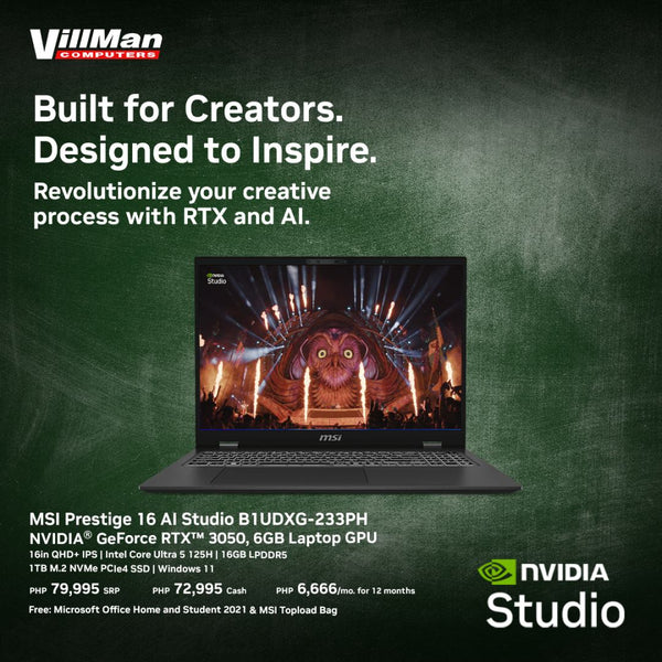MSI Prestige 16 AI Studio B1UDXG-233PH (Stellar Gray) 16inch QHD | Intel Core Ultra 5 125H | 16GB RAM | 1TB SSD | NVIDIA GeForce RTX 3050 6GB | Windows 11 Home