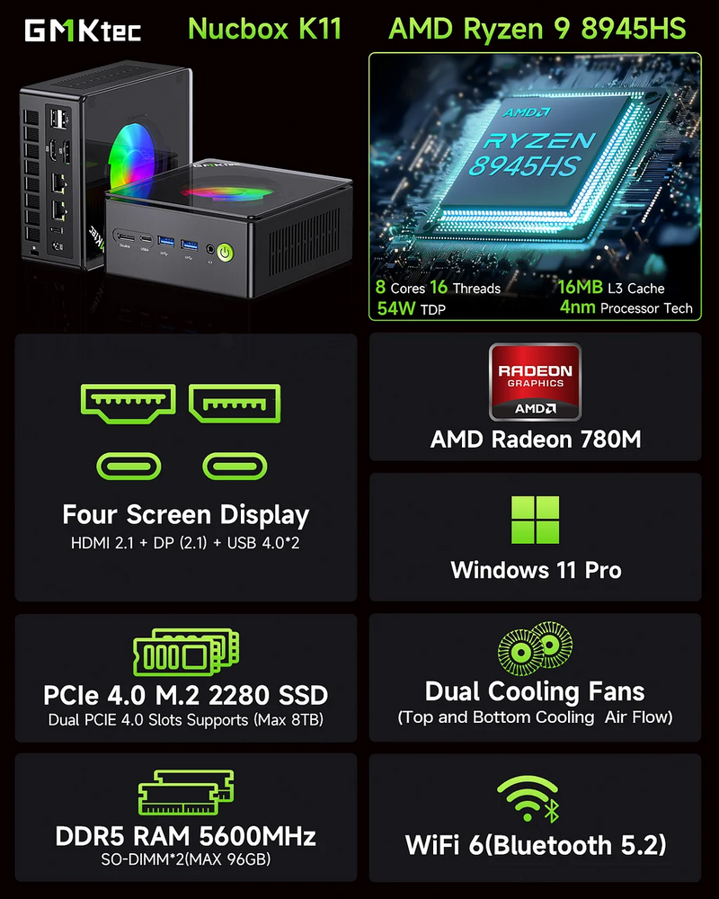 GMKtec Nucbox K11 | AMD Ryzen 9 8945HS | 32GB RAM | 1TB SSD | AMD Radeon 780M | Windows 11 Pro