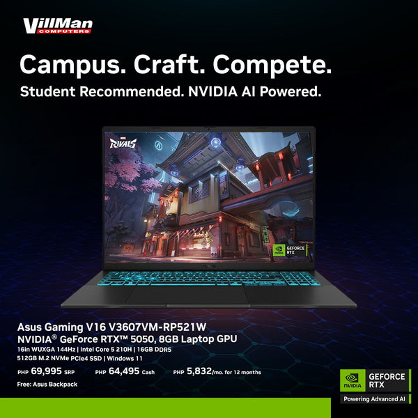 Asus Gaming V16 V3607VM-RP521W | 16Inch WUXGA 144Hz | Intel Core 5 210H | 16GB DDR5 RAM | 512GB SSD | NVIDIA GeForce RTX 5050 8GB VRAM | Windows 11