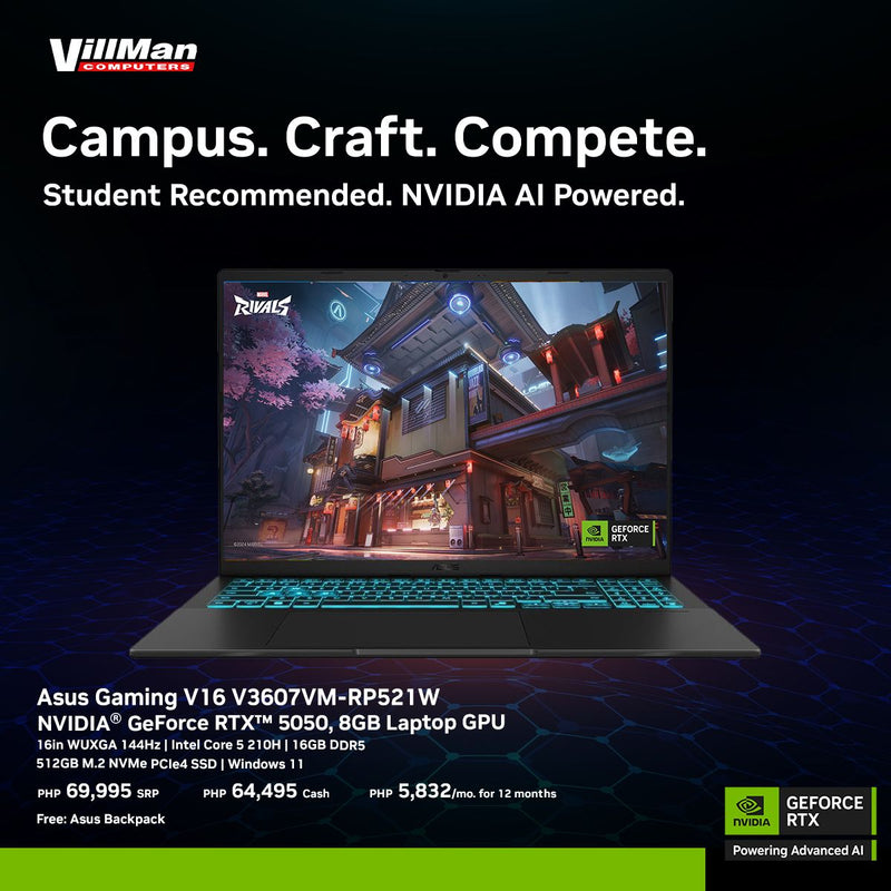 Asus Gaming V16 V3607VM-RP521W | 16Inch WUXGA 144Hz | Intel Core 5 210H | 16GB DDR5 RAM | 512GB SSD | NVIDIA GeForce RTX 5050 8GB VRAM | Windows 11
