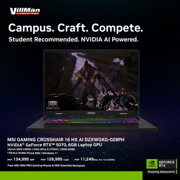 MSI Gaming Crosshair 16 HX AI D2XWGKG-028PH | 16in WHD 165Hz | Intel Ultra 9 275HX | 16GB RAM | 1TB SSD | NVIDIA GeForce RTX 5070 | Windows 11