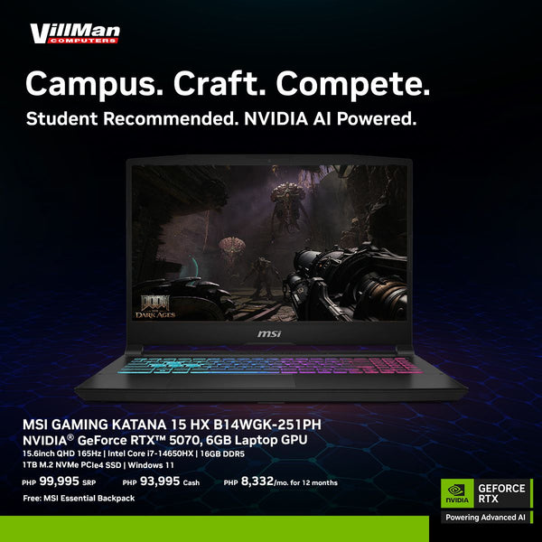 MSI Gaming Katana 15 HX B14WGK-251PH | Intel Core i7-14650HX | 15.6in QHD 165Hz | 16GB RAM | 1TB SSD | NVIDIA GeForce RTX 5070 | Windows 11