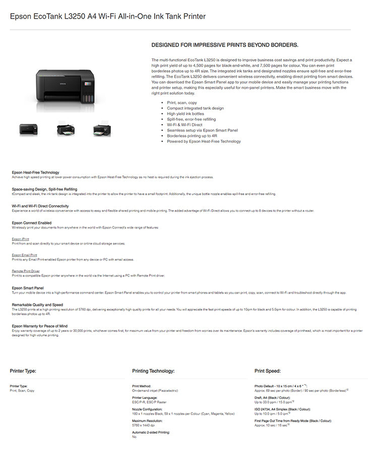 Epson EcoTank L3250 A4 Wi-Fi All-in-One Ink Tank Printer | Print, Scan, Copy | USB 2.0, WIFI